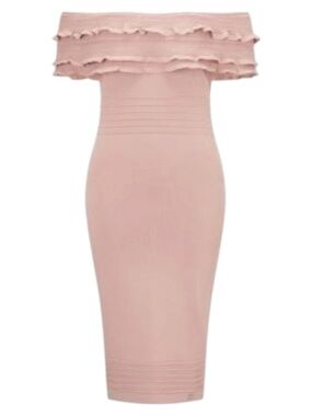 Lipsy London Nude/Blush Pink Bardot Off Shoulder Ruffle Bodycon Dress (6)